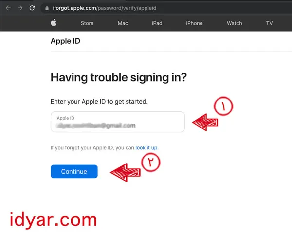 وارد کردن اپل ایدی برای تغییر پسورد