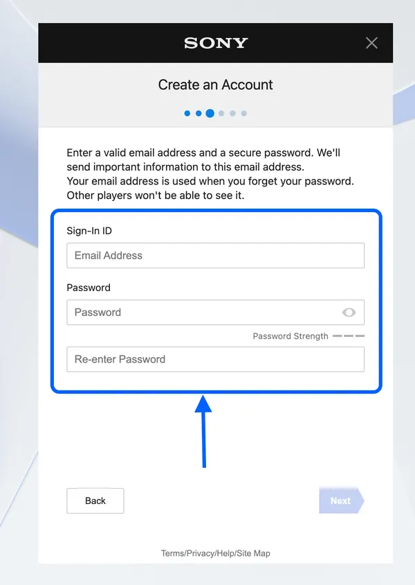 وارد کردن ایمیل و رمز عبور برای ایجاد اکانت PSN